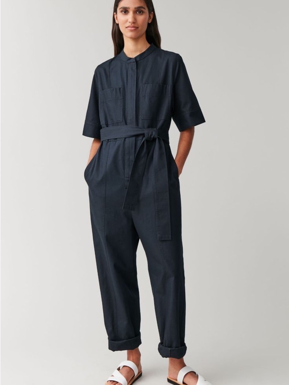 COS Navy Short-Sleeve Utility Jumpsuit with Waist Tie Size 14